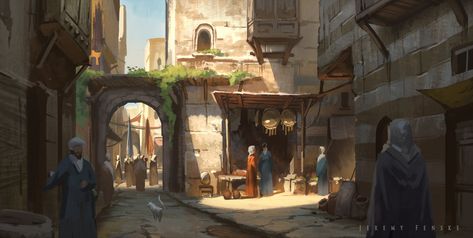 Bazaar Sketch, Jeremy Fenske on ArtStation at https://www.artstation.com/artwork/Q01z8 Jeremy Fenske, Arabian Illustration, Fictional Culture, Fantasy City, Fantasy House, Fantasy Places, Fantasy Map, Matte Painting, Fantasy Art Landscapes