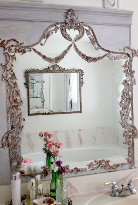 How to Turn Your Builder Grade Mirrors into Vintage French Treasures | Hometalk Big Mirrors, Frosted Glass Spray, Distressed Cabinets, Wide Bathroom, Mirror Frame Diy, Trumeau Mirror, Big Mirror, Builder Grade, Ornate Mirror