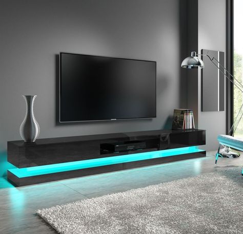 Led Tv Furniture Design, Led Tv Stand Design Living Rooms, Black Tv Unit Living Room, Black Gloss Tv Unit, High Gloss Tv Unit, Large Tv Unit, Black Feature Wall, Tv Unit Furniture Design, Feature Wall Living Room