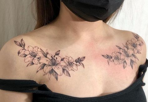 Lily Collar Bone Tattoo, Collarbone Tattoos For Women Flower, Symetric Tattoo Collar Bone, Symmetrical Collar Bone Tattoo, Coller Bone Tattoos Women, Clavical Tattoos Women, Clavicle Tattoos For Women, Clavicle Tattoos, Chest Tattoo Female Upper