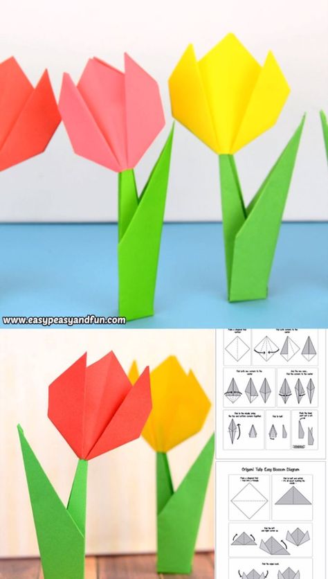 Learn how to make origami flowers – this origami tulip tutorial will teach you how to make a super easy flower that stands on it’s own! Tulip Tutorial, Origami Tulip, Flower Crafts Kids, Tutorial Origami, Kids Origami, Weihnachten Diy, Desain Quilling, Folding Origami, Instruções Origami