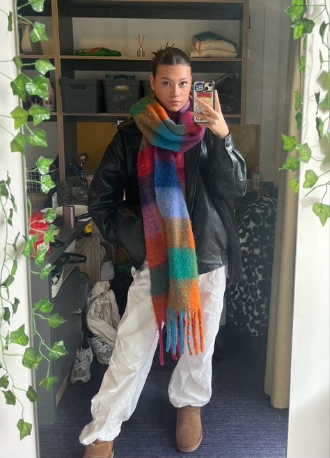 Colourful Scarf Outfit Winter, Big Colorful Scarf Outfit, Hot Pink Scarf Outfit, Rainbow Scarf Outfit, Jacket And Scarf Outfit, Colourful Scarf Outfit, Large Scarf Outfit, Acne Studios Scarf Outfit, Pink Scarf Outfit