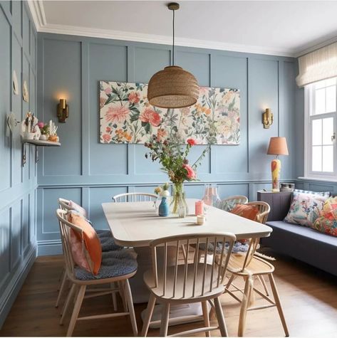 Unusual Panelling Ideas, Panelled Dining Room Ideas, Living Room With Moulding, Coloured Wainscotting, Through Lounge Dining Room Ideas, Lounge Decor Panelling, Panelling Dining Area, Dado Rail Dining Room, Panelled Walls With Picture Rail