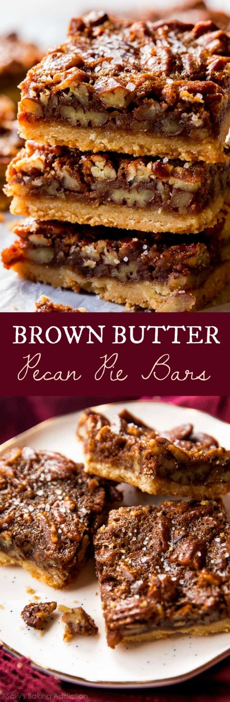 Rich, delicious, and simple pecan pie bars made with brown butter, maple syrup, and pecans. Much easier than pecan pie! Recipe on sallysbakingaddiction.com Brown Butter Pecan Pie, Sully Cake, Butter Pecan Pie, Cake Brown, Pecan Pie Bars Recipe, Pecan Desserts, Pie Bar Recipes, Pecan Bars, Pecan Pie Bars