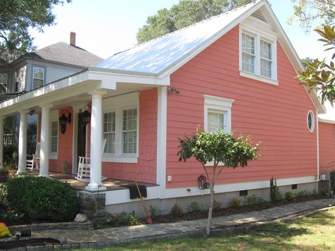 Salmon House Exterior, Coral Exterior House Colors, Coral House Exterior, River House Exterior, Coral Cottage, Beach House Bungalow, Island Life Aesthetic, Pink House Exterior, Converted Shed