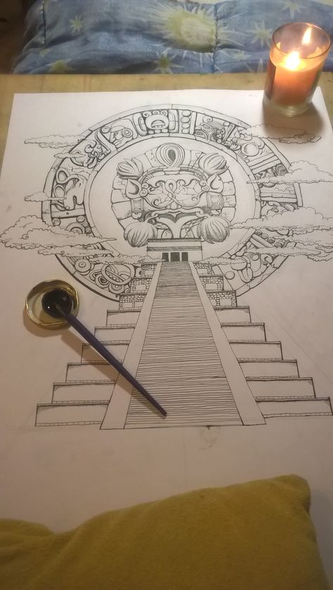 Inca tattoo plan, not ready                                                                                                                                                                                 More Mayan Aztec Tattoo, Aztec Back Tattoo Women, Aztec Pyramid Tattoo Design, Aztec Temple Tattoo, Aztec Tattoo For Women, Aztec Drawing Sketches, Aztec Tattoo Designs For Women Beautiful, Mayan Calendar Tattoo, Mayan Art Tattoo