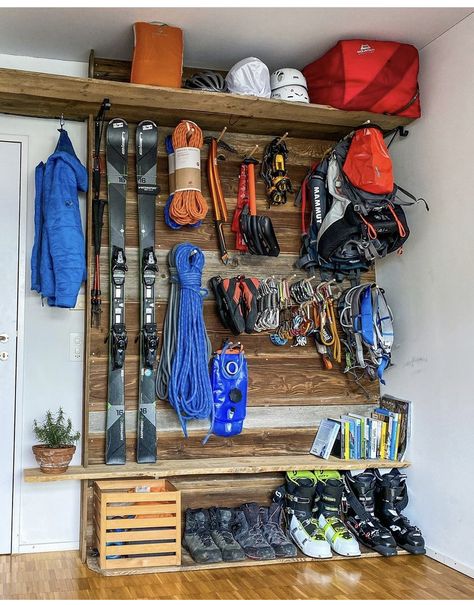 Gear Room Organization, Gear Room Ideas, Outdoor Gear Storage, Camping Gear Organization, Gear Organization, Camping Gear Storage, Adventure Room, Gear Wall, Gear Room