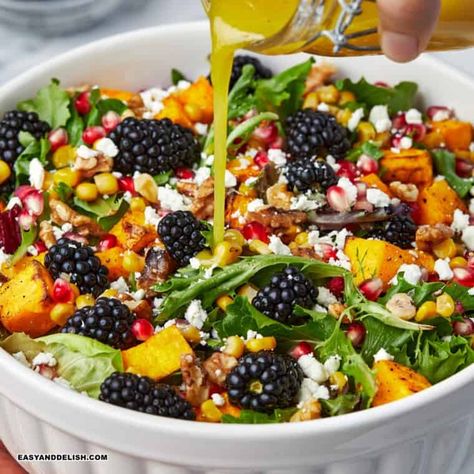 Make this Butternut Squash Salad for Thanksgiving in just 30 minutes using seasonal ingredients such as roasted butternut squash, kale, corn, pomegranate seeds, blackberries, walnuts, and goat cheese, tossed with a tasty apple cider vinaigrette. It makes a complete side to pair with this roast turkey or Instant Pot turkey breast.  I know... Thanksgiving is... The article Butternut Squash Salad first appeared on Easy and Delish. Salad For Thanksgiving, Ham And Cabbage Soup, Cabbage Diet, Butternut Squash Kale, Cabbage Soup Diet Recipe, Apple Cider Vinaigrette, Cider Vinaigrette, Butternut Squash Salad, Quick Pasta Recipes