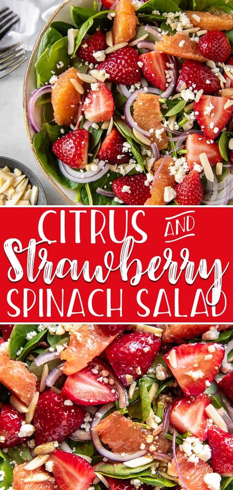 Bright, fresh, and full of flavor, this Citrus & Strawberry Spinach Salad is a taste of spring all year long! Crunchy greens, juicy strawberries and orange segments, and a snappy citrus vinaigrette make this a perfect addition to any meal. #crumbykitchen #citrus #strawberry #spinach #spinachsalad #salad #saladrecipes #healthyrecipes #sidedish Tuna Fish Recipes, Strawberry Spinach Salad, Citrus Vinaigrette, Strawberry Spinach, Citrus Salad, Spinach Strawberry Salad, Fish Salad, Side Dish Recipes Easy, Salad Recipes For Dinner