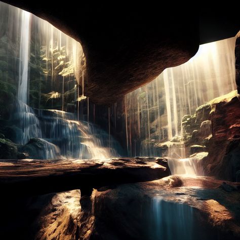 Cave Home Fantasy Art, Underground Waterfall, Crave Book, Waterfall Cave, Fairytale Kingdom, Water Cave, Waterfall Building, Public Restaurant, Canyon City