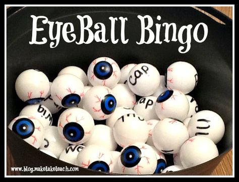 Use these eyeballs to create a fun Halloween bingo game.  Download 6 FREE coordinating CVC bingo cards! Eyeball Toss Halloween Game, Eyeball Dig Halloween Game, Monster Bingo, Cvc Bingo, Change Word, Free Halloween Bingo Cards, Printable Halloween Bingo Cards, Halloween Bingo Game, Halloween Themed Activities