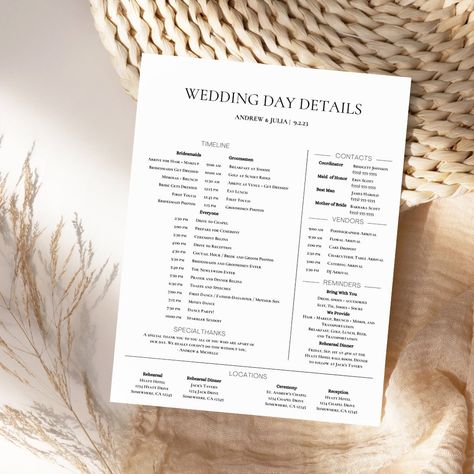 Use code BUNDLE30 to save 30% off when you purchase 3 or more items! Welcome to our Etsy listing for the Wedding Day Timeline Template! Stay organized and ensure a smooth-flowing wedding day with this comprehensive and customizable timeline. This digital template, designed for use on Canva, allows you to create a detailed Wedding Day Timeline that covers every aspect of your special day. From the bridal party preparations to the ceremony, reception, and beyond, this template will serve as your go-to reference for the entire wedding weekend. Customize the schedule, add important notes, and incorporate your unique wedding details to create a personalized Wedding Itinerary. With its intuitive design and clear layout, this Wedding Day Timeline Template will keep everyone informed and ensure th Day Of Wedding Timeline, Bridal Party Timeline, Wedding Schedule Timeline, Wedding Day Timeline Template, Wedding Bar Menu Template, Wedding Agenda, Reception Timeline, Party Timeline, Wedding Timeline Template