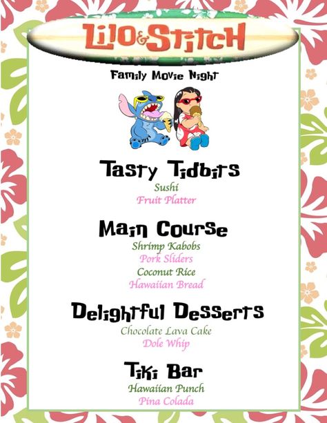 Lilo and Stitch menu  Disney Family Movie Night   Lilo and Stitch Disney Movie Night Menu Lilo And Stitch, Disney Movie Theme Meals, Disney Princess Movie Night, Dinner And A Movie Menu Disney Family, Movie Night Recipes Dinners, Family Themed Movie Nights, Disney Dinner And Movie Night Lilo And Stitch, Lilo And Stitch Inspired Food, Stitch Dinner And A Movie