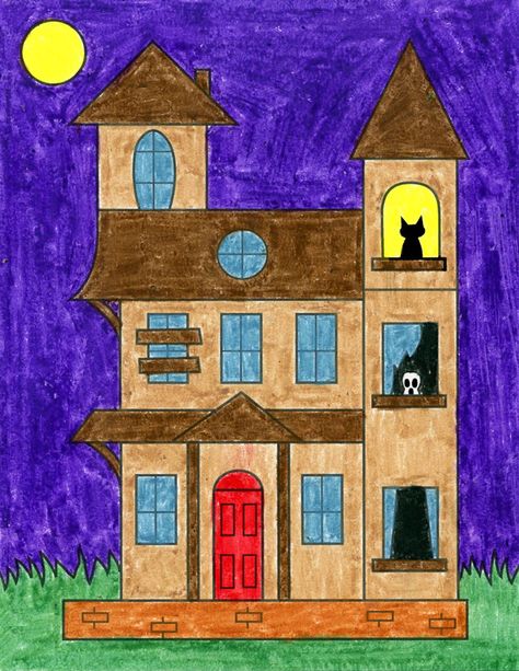 How to Draw a Haunted House · Art Projects for Kids Easy Haunted House, Haunted House Pictures, Haunted House Drawing, Color Wheel Art Projects, Simple House Drawing, Easy Halloween Drawings, Color Wheel Projects, Travel Doodles, Halloween Art Projects