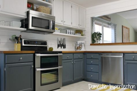 How to raise your cabinets and add a shelf Shelving In Kitchen, Farmhouse Kitchen On A Budget, Ibb Design, Pewter Green, Navy Sofa, Peach Kitchen, Two Tone Kitchen Cabinets, Microwave Shelf, Before After Kitchen