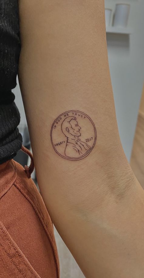 Pennies From Heaven Tattoo, Quarter Tattoo Coin, Penny Tattoo Simple, Smashed Penny Tattoo, Lucky Penny Tattoo, Penny Tattoo Ideas, Needle And Thread Tattoo, Coin Tattoo, Penny Tattoo