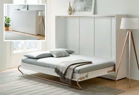 5 IKEA-Style Murphy Beds (+ a DIY Model From IKEA Parts) | GoDownsize.com Cheap Murphy Bed, Horizontal Murphy Bed, Simple Bed Designs, Murphy Bed Ikea, Murphy Bed Desk, Modern Murphy Beds, Murphy Bed Diy, Murphy Bed Plans, Murphy Beds