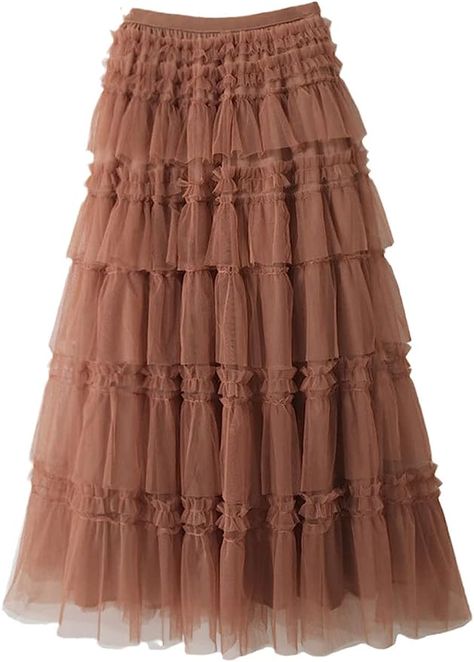 Ruffled layered brown Korean skirt Tulle Skirt Women, Maxi Tulle Skirt, Long Pleated Skirt, Korean Skirt, Women Korean Fashion, Tulle Maxi Skirt, Pleated Long Skirt, Pleated Shirt, Y2k Aesthetic Outfits