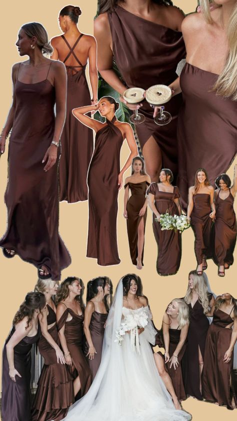 Brown Bridesmaid Dresses Rustic, Dark Brown Silk Bridesmaid Dresses, Brown Wedding Theme Bridesmaid Dress, Coffee Brown Bridesmaid Dress, Espresso Bridesmaid Dress, Brown Bridesmaids And Groomsmen, Dark Blue And Brown Wedding, Dark Colored Bridesmaid Dresses, Espresso Brown Bridesmaid Dresses