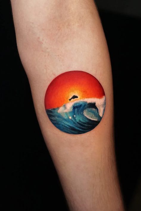 Tattoo uploaded by Ksu Arrow | Dolphin on the wave tattoo 🐬 | 1191861 | Tattoodo The Wave Tattoo, Circular Tattoo, Dolphin Tattoo, Sunset Tattoo, Small Wave Tattoo, Dolphins Tattoo, Sunset Tattoos, Family Tattoo Designs, Nail Piercing