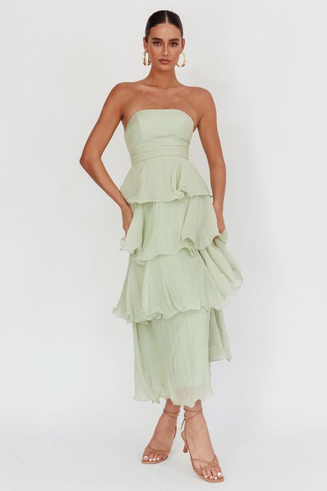 Giavana Strapless Layered Midi Dress Sage Cheap Green Strapless Dress, Cheap Strapless Dress With Ruched Bodice, Layered Midi Dress Formal, Layering Bridesmaid Dress, Luxury Tiered Dresses For Wedding Guests, Different Textured Bridesmaids Dresses, Luxury Romantic Strapless Dress With Ruffles, Hoco Dresses White, Midi Dress Strapless