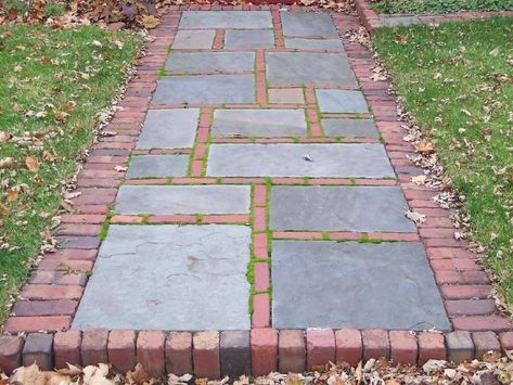 Brick And Paver Walkway, Farmhouse Walkway, Stone Patios, Brick Path, Brick Walkway, Brick Garden, Garden Paving, Brick Stone, Stone Walkway