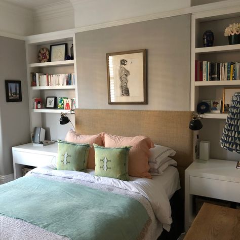 Bedroom With Shelves Around Bed, Shelves In Alcove Bedroom, Inbuilt Shelves Bedroom, Bed Against Chimney Breast Wall, Inset Shelves In Wall Bedroom, Alcoves In Bedroom, Alcove Shelving Bedroom, Built In Bedside Cabinets, Bed Against Chimney Breast