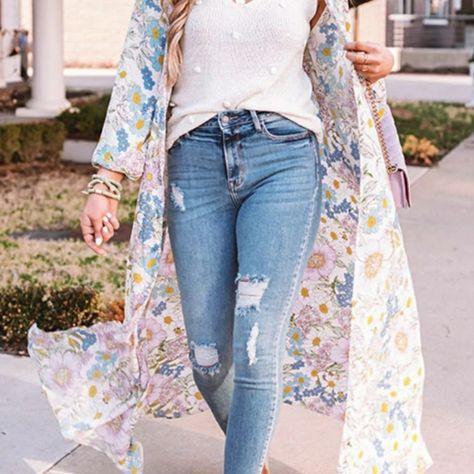 Floral duster cardigan Floral Duster, Duster Cardigan, Duster Coat, Kimono Top, Floral, Plus Fashion, Women's Top, Outfit Inspo, Jeans Shoes