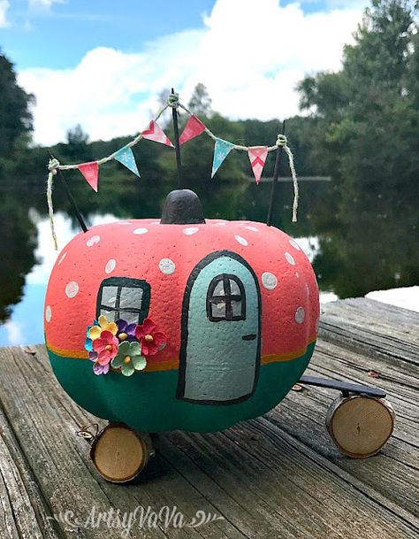 Artsy VaVa: Happy Camper Pumpkin Camper Pumpkin, Creative Pumpkin Painting, Creative Pumpkin Decorating, Pumpkin Decorating Contest, Pumpkin Contest, Dixie Belle Paint Company, Halloween Pumpkin Designs, Halloween Pumpkins Painted, Creative Pumpkins