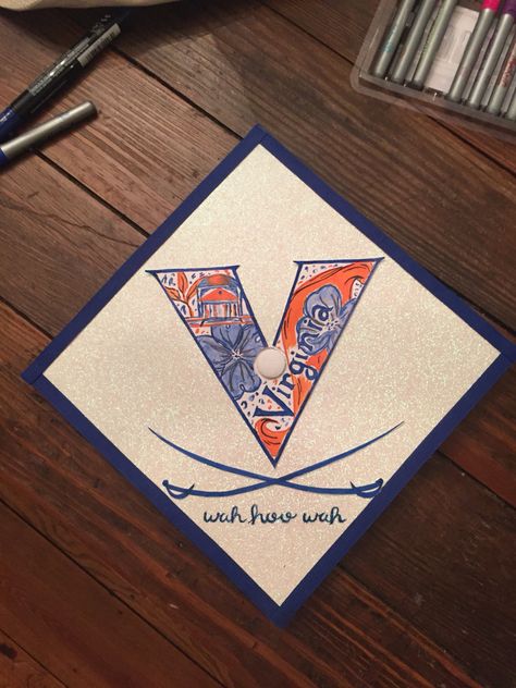 UVa grad cap University Of Washington Grad Cap, Uva Grad Cap, Uf Grad Cap, Senior Tiles, Uva Dorm, Uva Graduation, Grad Speech, Formal Coolers, Grad Cap Decorated