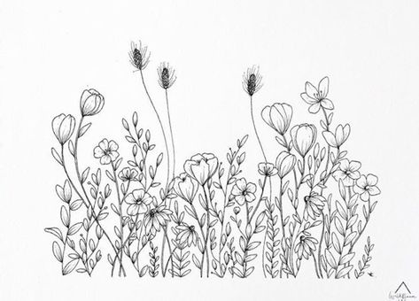 Wildflowers Line Art, Bed Of Flowers Tattoo, Wild Flowers Sketch, Wildflower Field Tattoo, Row Of Flowers Tattoo, Field Of Flowers Tattoo, Wild Flower Line Drawing, Wildflower Drawing Tattoo, Wildflower Leg Tattoo