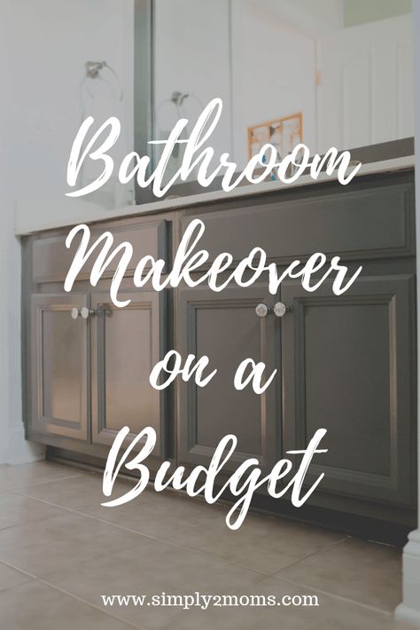 You don't want to miss this hack for painting cabinet doors! Get simple instructions for how to paint cabinets using Benjamin Moore's water-based alkyd paint. This budget-friendly bathroom makeover is easy enough to do in a weekend. Paint colors used are Kendall Charcoal and Horizon. #hallbath #guestbath #DIY #paintcabinets #simply2moms Cabinet Colors For Bathroom, Charcoal Grey Bathroom Cabinets, Bathroom Wall And Cabinet Colors, Gray Bathroom Cabinets Painted, Painted Bathroom Cabinet Ideas, Best Paint For Bathroom Cabinets, Charcoal Bathroom Cabinets, Repainting Bathroom Cabinets, Bathroom Cabinet Makeover Paint