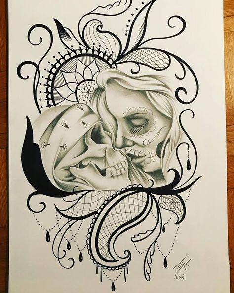 Skeleton Kissing Woman Tattoo, Woman Kissing Skull, Female Skull Drawing, Skull Kissing, Kissing Skulls, Skull Couple Tattoo, Sugar Skull Drawing, Chicanas Tattoo, Skull Girl Tattoo