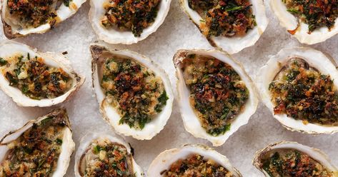 Oyster Rockefeller Recipe, Oyster Rockefeller, Rockefeller Recipe, Broccoli Rabe Recipe, Oysters Rockefeller, Grilled Oysters, Mashed Potato Casserole, Melissa Clark, Garlic Spinach