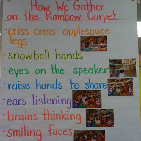 How we gather on the carpet Carpet Rules Anchor Chart, Carpet Expectations Kindergarten, Carpet Expectations Anchor Chart, Carpet Expectations, Rainbow Carpet, Carpet Runners For Stairs, Runners For Stairs, Circle Time Activities, Responsive Classroom