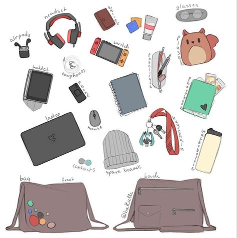 Book Bag Drawing Reference, Whats In My Bag Drawing Oc, Anime Bags Drawing, Satchel Drawing Reference, Cute Bag Drawing, What's In My Bag Drawing, Anime Backpack Drawing, Bag Reference Drawing, Accessories Drawing Reference