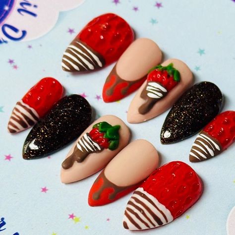 Indulge in the sweetest nail art this Valentine's Day with our handmade Press On Nails featuring irresistible chocolate-covered strawberries! Each set is carefully crafted to bring a touch of decadence to your fingertips, combining the elegance of a French nail with the delicious allure of chocolate drips. Product Details: 🍓 Handmade Chocolate-Covered Strawberries Design 🍫 French Nail with Chocolate Drip 💅 Easy to Apply Press On Nails 💖 Perfect for Valentine's Day 🎨 Customize Your Style: I believe in personalization! Want to add a personal touch to your nails? Customize your design by messaging me directly! 🔄 Press-On, Press Off - Repeat the Fun! Wanna change up your style? No problemo! These babies are reusable if removed properly. Comfort is Queen: Made from soft gel, these nails a Chocolate Covered Strawberry Nails, Strawberry Inspired Nails, Chocolate Strawberry Nails, Apple Pie Nails, Chicken Nails, Dessert Nails, Pie Nails, Apply Press On Nails, Chocolate Nails