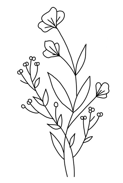 Floral Drawings Simple, Simple Flower Line Drawing, Line Drawing Flowers Simple, Flower Outline Drawing Simple, Floral Drawing Simple, Floral Line Art Tattoo, Flower Line Drawing Simple, Easy Floral Drawing, Simple Flower Drawing Doodles