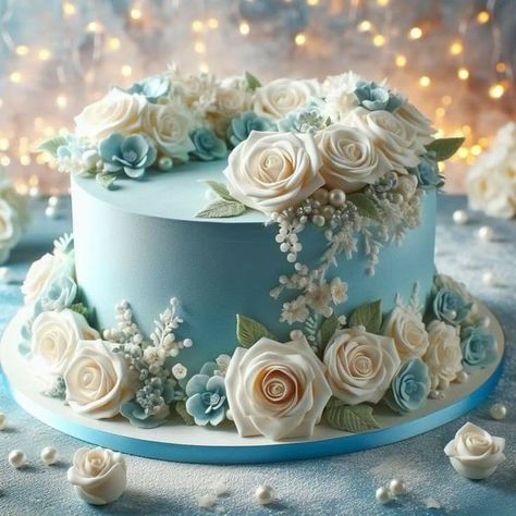 Blue Floral Cake, Light Blue Cake, Cake With White Roses, Blueberry Swirl Cheesecake, Rose Gold Wedding Cakes, 90th Birthday Cakes, Swirl Cheesecake, Blue Frosting, Cake Quotes