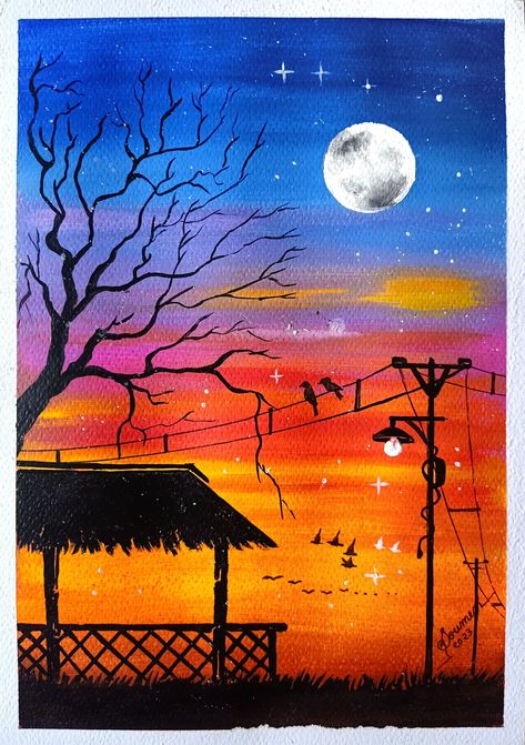 Cool Colours Painting Ideas, Landscape Paintings Poster Colour, Basic Acrylic Painting For Beginners, Nature Drawing Colourful, Easy Watercolor Paintings For Beginners Landscape, Easy Poster Colour Paintings, Watercolor Scenery Easy, Art Composition Ideas, Big Canvas Painting Ideas Easy