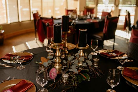 Burgundy, Black, and Champagne Wedding at Sedona Golf Resort | Junebug Weddings Black And Burgundy Wedding Table Settings, Black And Burgundy Wedding Decorations Table Settings, Black Gold Burgundy Wedding Centerpieces, Burgundy Black And Gold Wedding Table Settings, Black And Burgundy Wedding Centerpieces, Black And Burgundy Centerpieces, Black And Wine Wedding, Wine And Black Wedding, Black And Burgundy Wedding Decorations