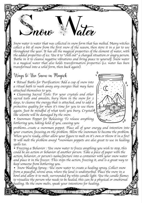 Snow Magic Spells, Snow Water Witchcraft, Witchy Knowledge, Witch Tips, Magickal Herbs, Snow Water, Journal Inspiration Writing, Green Witchcraft, Moon Water