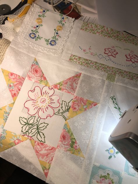 Let’s Make a Vintage Linens Quilt Together! Post #9 Patterns For Embroidery, Rhonda Dort, Vintage Handkerchiefs Crafts, Vintage Hand Embroidery, Handkerchief Crafts, Vintage Embroidery Patterns, Vintage Quilts Patterns, Hand Embroidery Patterns Free, Scrap Quilt Patterns