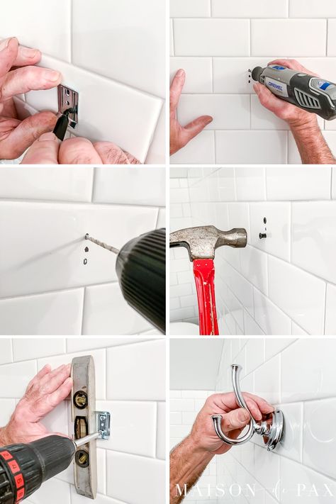 How do you drill into tiles without cracking them? Learn how to drill through tile to hang mirrors, towel hooks, and more! #tilewall #bathroomdesign #diytutorial Shower Towel Hooks, Black Tub, Tile Repair, Ceramic Tile Bathrooms, Picture Tiles, Diy Accent Wall, Glazed Ceramic Tile, Jack And Jill Bathroom, How To Hang