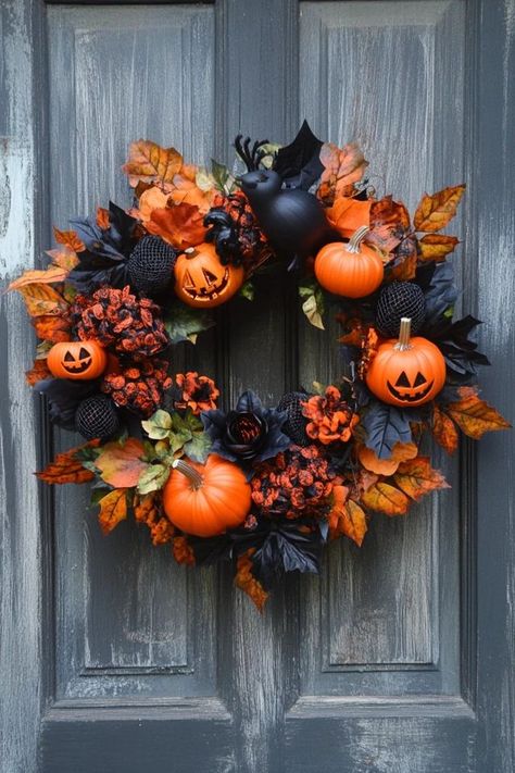 "Make a festive Halloween wreath to welcome guests and trick-or-treaters! 🎃🕸️ Ideal for a spooky front porch. #DIYWreath #HalloweenDecorInspiration #SpookyDIY" Spooky Front Porch, Halloween Wreath Ideas, Dark Elements, Amazing Pumpkin Carving, Pumpkin Carving Designs, Battery Operated Led Lights, Diy Halloween Wreath, Halloween Wreaths, Holiday Mood