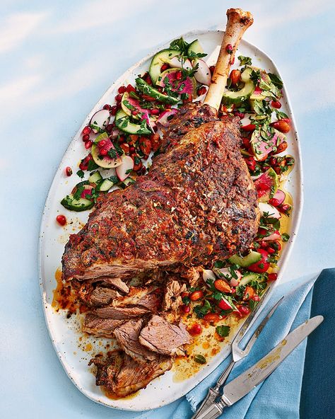 Our simple-to-prepare fragrant leg of lamb, served with a mint, almond, cucumber and radish salad, is a crowd-pleasing roast dinner. Summer Roast Recipes, Lamb Leg Recipes, Slow Roast Lamb, Lamb Dinner, Roast Lamb Leg, Roast Lamb, Lamb Recipe, Lamb Shoulder, Leg Of Lamb