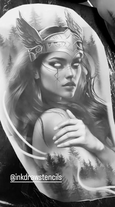 Norse Freya Tattoo, Viking Warrior Princess Tattoo, Freya Tatoos, Viking Princess Tattoo, Freya Tattoo Ideas, Viking Warrior Woman Tattoo, Valkyrie Tattoo Woman Female Warriors, Freyja Tattoo Norse Mythology, Viking Female Warrior Tattoo