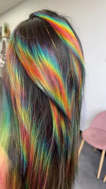 Prism Color Hair, Rainbow Shine Line Hair, Oil Slick Rainbow Hair, Prism Highlights Hair, Shine Line Hair Color, Holographic Hair Peekaboo, Shine Line Hair, Rainbow Prism Hair, Prism Hair Color