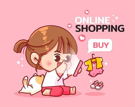 Shopping Online Illustration, Shopping Cartoon, Cartoon Shopping, Phone Cartoon, Bus Cartoon, Logo Online Shop, Shopping Pictures, Stickers Design, Happy Cartoon