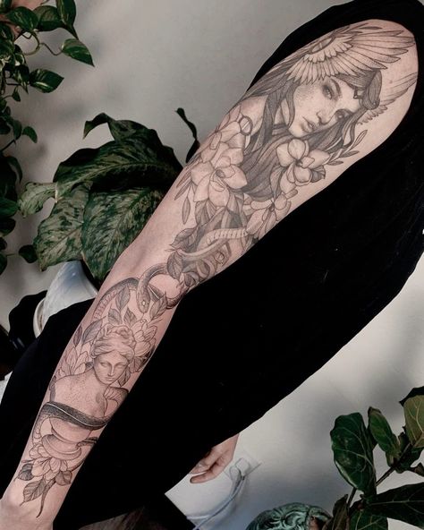 Roman Mythology Tattoos Sleeve, Butterfly Goddess Tattoo, Greek Mythology Tattoos Sleeve Women, Virgo Woman Tattoo, Ethereal Tattoo Sleeve, Fineline Tattoo Sleeve, Virgo Women Tattoo, Filter Tattoo, Greek Goddess Tattoo